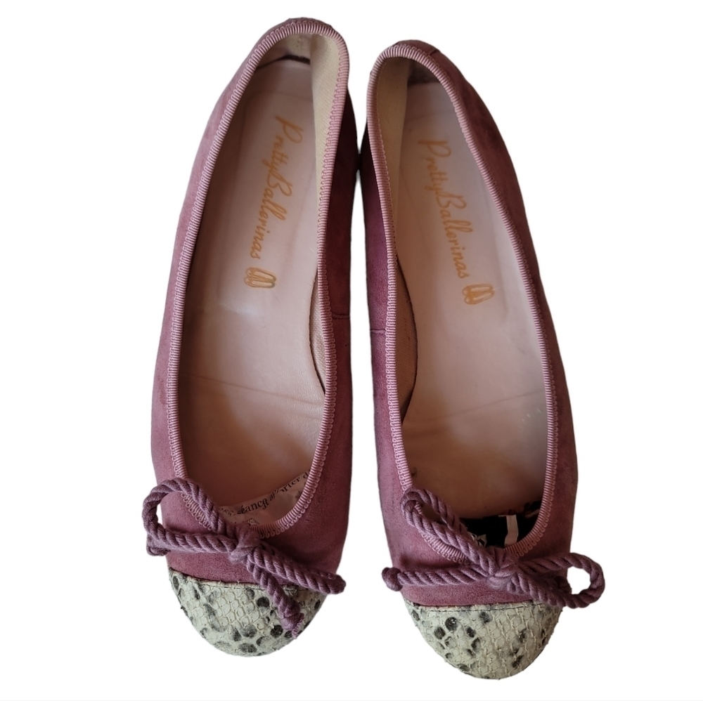 Pretty Ballerinas Bow tied Suede Pink  Real Leather  reptile skin accent - Picture 2 of 6